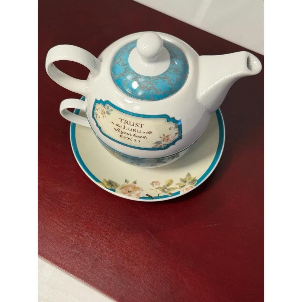Christian Gifts teapot teacup with saucer Teal blue birds Bible Proverbs 3:5 E10